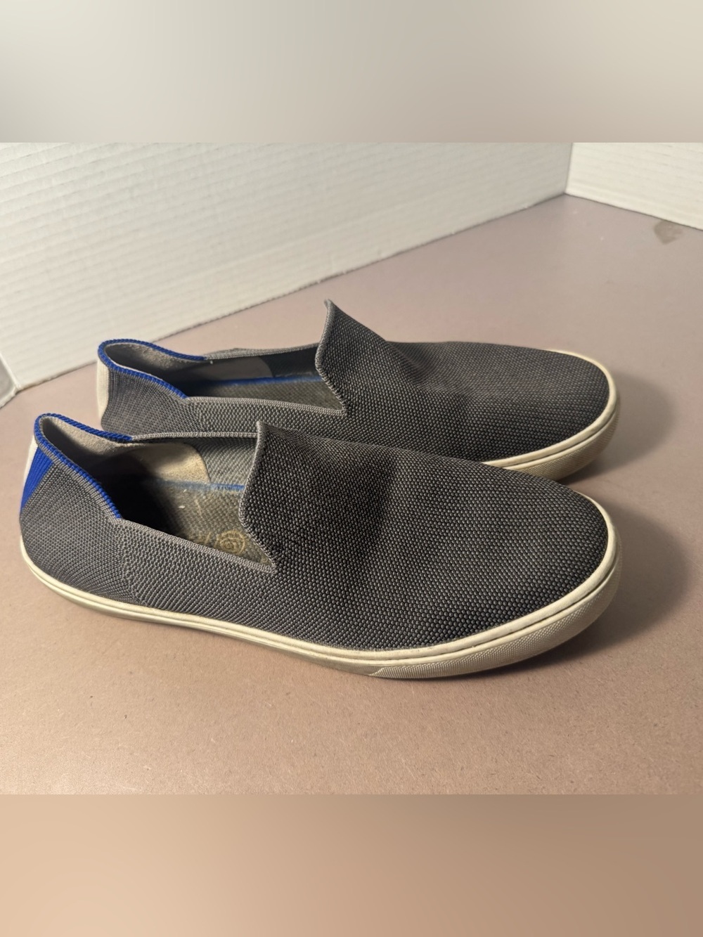 Rothy's Slip-On Canvas Flats in Charcoal with Blue Trim